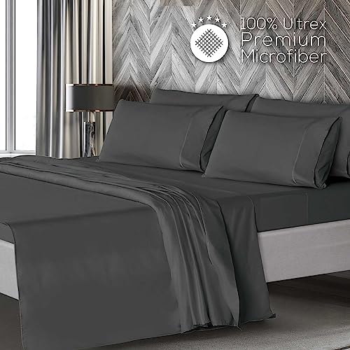 Mueller Ultratemp Bed Sheets Set, Super Soft, 6 Piece California King Sheet Sets, Deep Pocket up to 16", Transfers Heat, Breathes Better, Hypoallergenic, Wrinkle-Resistant, Oeko-TEX, Dark Grey