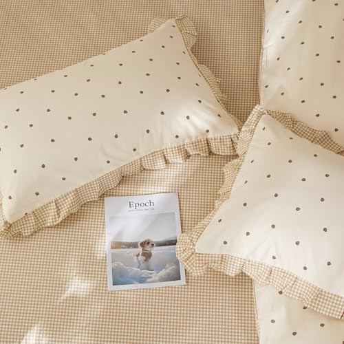 mixinni Floral Duvet Cover Set Full Size – 100% Cotton 3-Piece Bedding Set with Ruffled Trim, Reversible Vintage Beige Gingham & Strawberry Print, Soft Aesthetic Duvet Cover with Zipper Closure