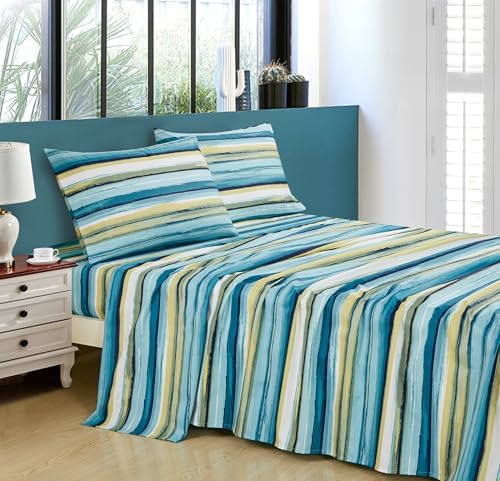 Chezmoi Collection 4-Piece Lodge Striped Sheet Set Queen - Multicolor Green Blue White Striped Printed Brushed Microfiber Lightweight Breathable Deep Pocket Bed Sheets