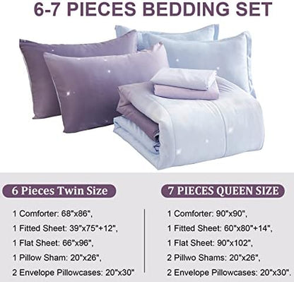 Dinjoy Girls Comforter Set Bed in A Bag Colorful Ombre Rainbow Bedding Set for Kids Teen (Purple, Queen)