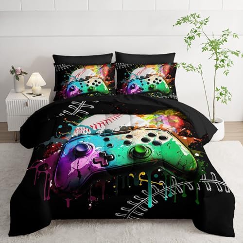 7Pcs Comforter Set Gamepad Baseball Printed Bedding Set with 1 Comforter, 1 Flat Sheet, 1 Fitted Sheet and 4 Pillowcases for Boys and Girls Bedroom (Gamepad-3 Full