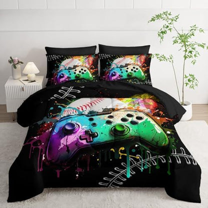 7Pcs Comforter Set Gamepad Baseball Printed Bedding Set with 1 Comforter, 1 Flat Sheet, 1 Fitted Sheet and 4 Pillowcases for Boys and Girls Bedroom (Gamepad-3 Twin