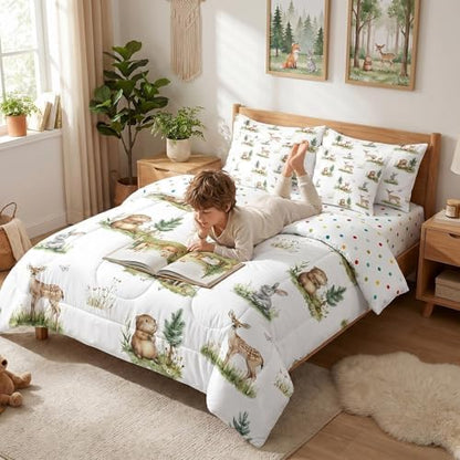 Erosebridal Woodland Wildlife Bed in A Bag with Sheets for Kids Boys Girls Wild Animals King Comforter Set 7 Piece Cartoon Fox Rabbit Beaver Deer Bedding Set Fir Trees Bed Set