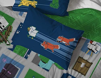Jay Franco Minecraft 7pc Full Bed Set - Includes Comforter, Sheet Set & Decorative Pillow Shams - Features Creeper, Ghost, Zombie & Enderman Characters