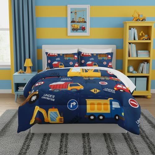 QOOMO Construction 7 Pieces Comforter Set Queen Size,Excavator Bedding Set