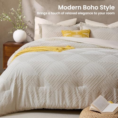 JOLLYVOGUE Full Size Comforter Set, Boho Tufted 3-Piece Bedding Set, Khaki