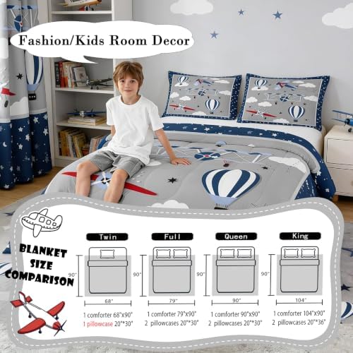 Castle Fairy Airplane Comforter Set Twin for Boys, Kids Aviation Bedding Set with Airplane, Clouds & Stars Design, Soft Lightweight Microfiber Quilt for Toddler Bedroom Decor, Blue Gray