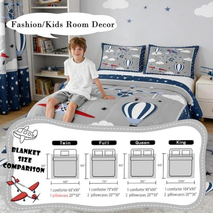 Castle Fairy Airplane Comforter Set Twin for Boys, Kids Aviation Bedding Set with Airplane, Clouds & Stars Design, Soft Lightweight Microfiber Quilt for Toddler Bedroom Decor, Blue Gray