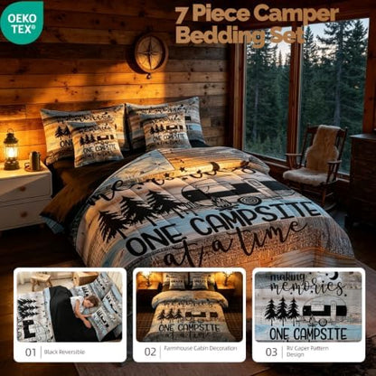 Erosebridal 7 Piece Full Size Comforter Set with 2 Pillowcases, RV Camper Bedding Set for Kids Teens Adult Men Retro Wood Camp Camper Bed in a Bag with Flat Sheet, Fitted Sheet Rustic Farmhouse Decor