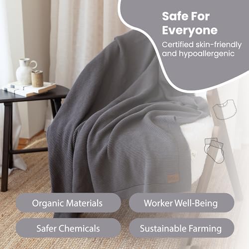 Dalisa 100% Organic Turkish Cotton Throw Blanket - GOTS Certified, Cozy - Perfect for Couch, Bed, and Home Decor - Boho Vintage Knit Alina (Dark Grey, 50x60)