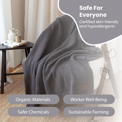 Dalisa 100% Organic Turkish Cotton Throw Blanket - GOTS Certified, Cozy - Perfect for Couch, Bed, and Home Decor - Boho Vintage Knit Alina (Dark Grey, 50x60)