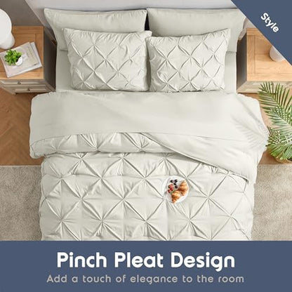 Nestl 9 Piece Full Comforter Set – Off White Pinch Pleated Bed in a Bag – Complete Full Size Bedding Set with Sheets, Set of 2 Cooling Pillows, Pillowcases and Shams