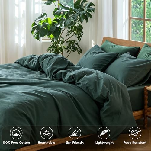 MooMee Bedding Duvet Cover Set 100% Washed Cotton Linen Like Textured Breathable Durable Soft Comfy (Solid Green, King 104"x90")