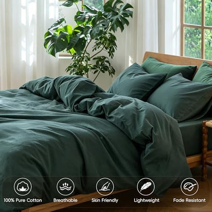 MooMee Bedding Duvet Cover Set 100% Washed Cotton Linen Like Textured Breathable Durable Soft Comfy (Solid Green, King 104"x90")