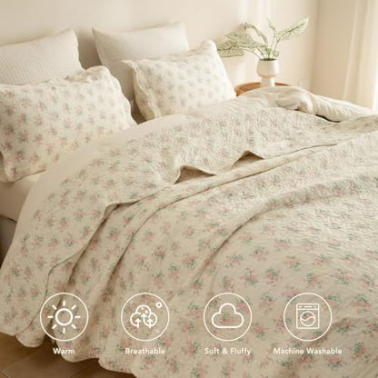 Lady Ann 100% Cotton Twin Quilt Set - Pink Flower Botanical Bedspread, Soft 68x86 Quilted Coverlet, Lightweight Farmhouse 2 Pcs Floral Bedding Set for All Season