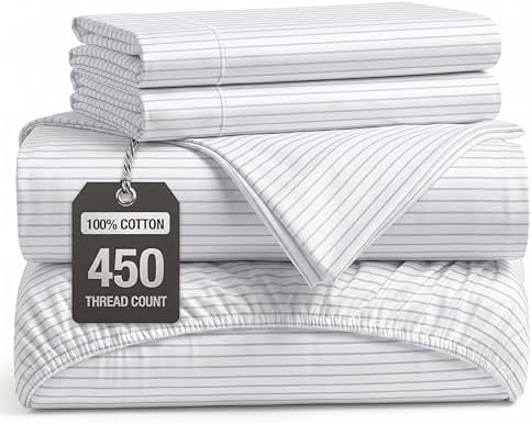 450TC 100% Cotton Sheets Queen Size Bed Set - Sateen Weave, Ticking Stripe