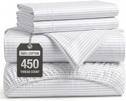 450TC 100% Cotton Sheets Queen Size Bed Set - Sateen Weave, Ticking Stripe