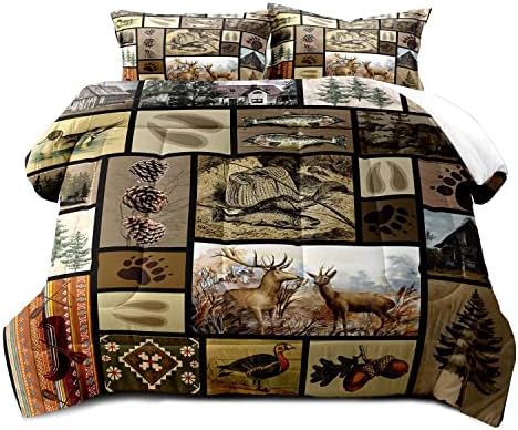 LUVIVIHOME 3PCS Rustic Lodge Comforter Set Queen Size, Fish Bear Deer Cabin Bedding Set for Men, Forest Animal Elk Moose Duck Wildlife Hunting Fishing Farmhouse Country Patchwork Quilt, 2 Pillow Shams