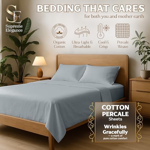 SUPREME ELEGANCE Organic Cotton King Size Cotton Sheets, Soft Silver