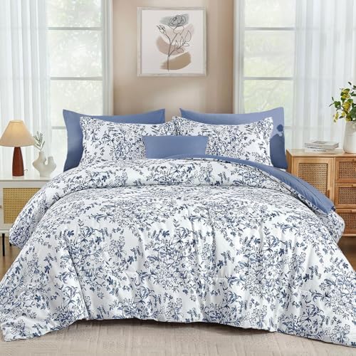 6 Pieces Blue Comforter Set Twin Size, Floral Bed in a Bag Comforter Sets