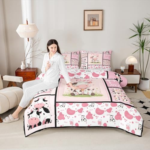 Cute Cow Print Comforter Set Full Size Kawaii Highland Cow Bedding for Boys Girls Lovely Farmhouse Animal Decor Bedding Comforter Sets Pink Milk Cow Print Duvet Insert Plaid Stripe Quilt