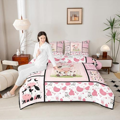 Cute Cow Print Comforter Set Full Size Kawaii Highland Cow Bedding for Boys Girls Lovely Farmhouse Animal Decor Bedding Comforter Sets Pink Milk Cow Print Duvet Insert Plaid Stripe Quilt