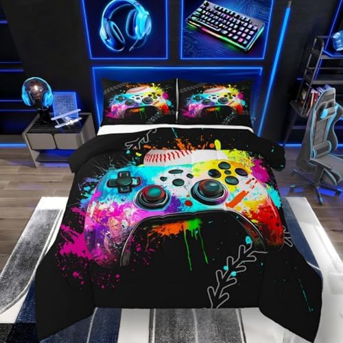 Erosebridal Gaming Bedding Set - Baseball Full Comforter Set, Watercolor Game Console Comforter Set, Rainbow Tie Dye Sports Bedding Set for Boys, Gamer Decor for Boys' Bedroom