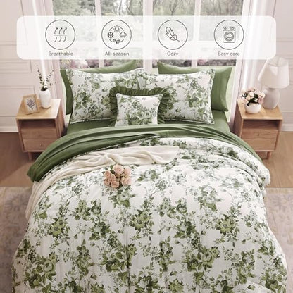 BLOOMHAVEN King Size Comforter Set-7 Pieces Green Floral Bed in a Bag King