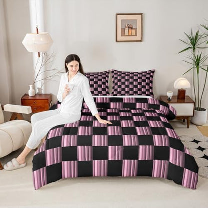 Feelyou Checkered Kids Comforter Set King Size Abstract Ombre Bedding Set Modern Geometric Pink Black Duvet Quilt for Kids Boys Girls Bedroom Cute Neutral Aesthetic Plaid Decor