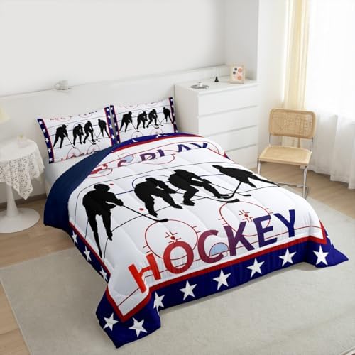 Homewish Ice Hockey Full Size Comforter Set,Hockey Sport Player Bedding Set for Adults Teens,Children Winter Extreme Sport Comforter Luxury Blue and Red Quilt Set Room Decor 3Pcs
