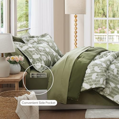BLOOMHAVEN King Size Comforter Set-7 Pieces Green Floral Bed in a Bag King