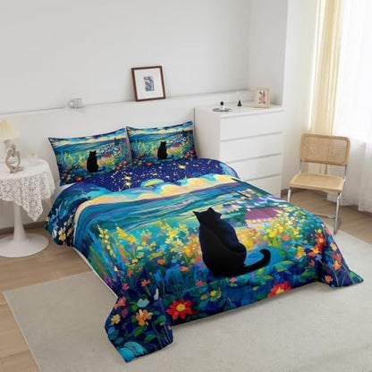 Black Cat Flower Comforter Set Queen Size,Star Moon Blossom Floral Bedding Set for Kids Girls Boys Adults Room Decor,Rustic Style Night Scenery Duvet Insert 3Pcs,Wild Animal Quilt Set,2 Pillowcases