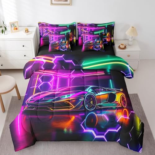 Feelyou Colorful Race Car Comforter Set with Sheets Twin Size Kids Speed Sports Car Honeycomb 7 Pieces Bedding Set for Boys Girls Teens Racing Car Bed in a Bag Breathable Extreme Sports Bed Set