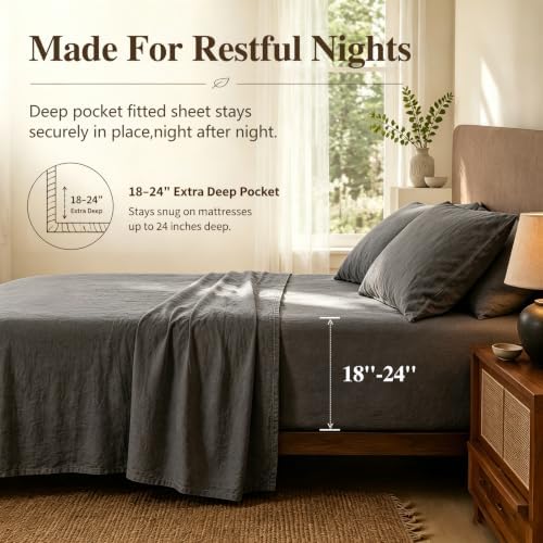 MEISHANG 100% French Linen Sheets King,4 Pcs,18-24" Extra Deep Pocket