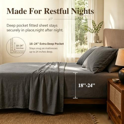 MEISHANG 100% French Linen Sheets California King,4 Pcs,18-24" Deep Pocket