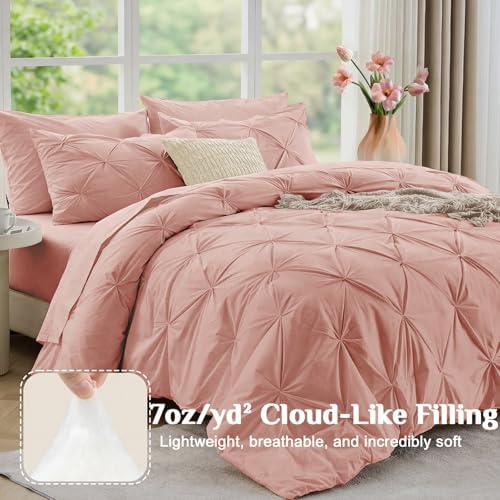 JOLLYVOGUE Full Size Comforter Sets 7 Pieces - Bed in a Bag Full for All Season, Pintuck Bedding Comforter Sets with Comforter, Flat Sheet, Fitted Sheet and Pillowcases & Shams, Rose Brown