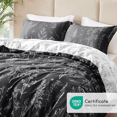 Love's cabin Black Full Size Comforter Set - Full Comforter Set, 3 Pieces Cute Floral Bedding Sets for All Seasons,1 Soft Reversible Botanical Flowers Comforter and 2 Pillow Shams
