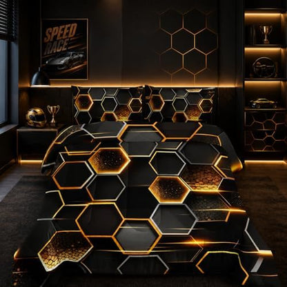 Nttopship Honeycomb Comforter Set Queen Size,100% Soft Ultra-fine Fiber Four Season Geometric Hexagon Golden Comforter Set with 1 Comforter and 2 Pillow Case