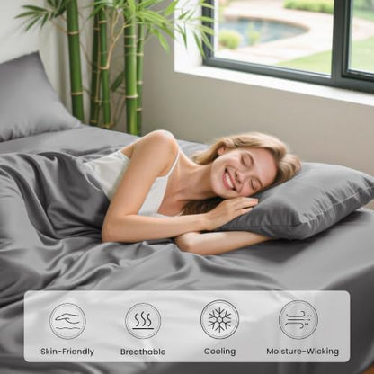 Love's cabin 3 Piece Twin Sheet Set, 100% Rayon Derived from Bamboo, Cooling & Breathable, Soft Silky Deep Pocket up to 16", Hotel Luxury Bedding for Hot Sleepers, Grey
