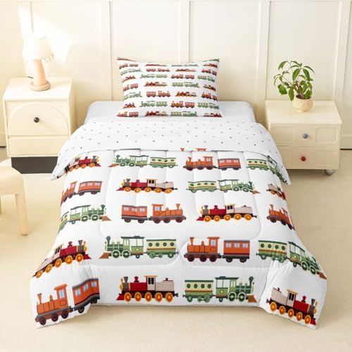 Feelyou Retro Train Comforter Set Twin Size Vintage Steam Locomotive Down Bedding Set for Kids Boys Girls Transportation Vehicles Duvet Quilt Bedroom Decor Microfiber 2 Pcs with 1 Pillow Case