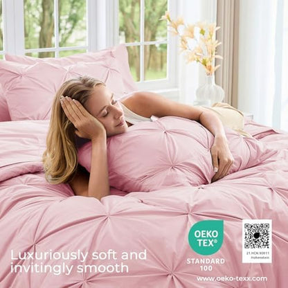 Sasttie Oversized Queen Comforter Set, 7-Piece Bed in a Bag, Pintuck Bedding Sets for All Season, Includes Comforter, Flat Sheet, Fitted Sheet, Pillowcases and Pillowshams, Baby Pink