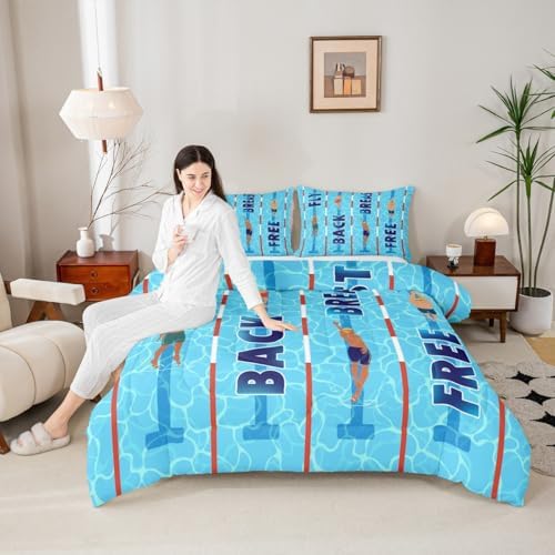 Homewish Swimming Comforter Set King Size,3D Blue Swimming Pool Bedding Sets 3Pcs,Swimmer Quilted Duvet for Kids Girls Boys Teens Room Decor,Swim Sports Lover Down Comforter,2 Pillowcases