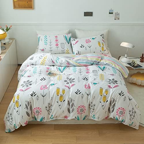 mixinni Girls Flower Leaves Pattern on White Duvet Cover Twin Size Colorful Striped Bedding Comforter Cover Set with Zipper Closure 4 Corner Ties for Teenage Girls (1 Duvet Cover + 2 Pillowcases)