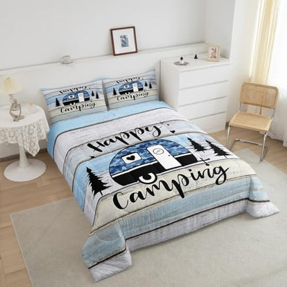 Happy Camping RV Kids Comforter Set Full Size,Pine Camo Camper Rustic Farmhouse Bedding Set,Girls Boys Room Decor,Wooden Plank Cottage Country Quilt Comforter,Blue Chic Duvet Insert,2 Pillowcases