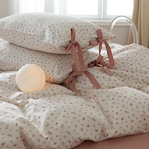 mixinni White Flower Pattern Duvet Cover Full Pink Floral Stripes Duvet Cover Set 100% Cotton Bedding Set with Zipper Ties Bow Tie Pillowcases, Easy Care, Ultra Soft and Breathable-Full Size