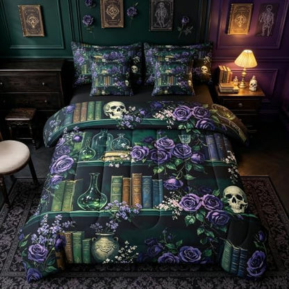 Erosebridal Mysterious Bookshelf 7 Piece Bedding Set Queen Purple Rose Comforter Set with Sheets Halloween Skull Flowers Bed in a Bag Retro Wizard Green Potion Bed Sets Comforter