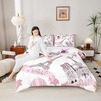 Paris Bedroom Comforter Set Twin France Eiffel Tower Bedding Set for Kids Girls Women Bedroom Decor Pink Butterfly Tower Down Comforter Romance Couple Travel Quilt Duvet Sets with 1 Pillow Case White