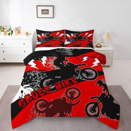 Erosebridal Full Size Dirt Bike Bedding Set Kids Motocross Comforter Set Dirtbike Room Decor for Boys Men Girls Adult,Rider Motorcycle Bed Set Cool Extreme Sports Comforter Sets 3Pcs,Red Black