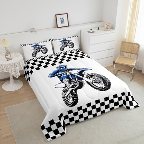 Feelyou Dirt Bike Bedding Set Kids Boys Girls Queen Size Racing Motocross Rider Comforter Set Teen Adult Ultra Soft Black and White Check Comforter Extreme Sports Duvet Quilt Motorcycle Racer Quilt