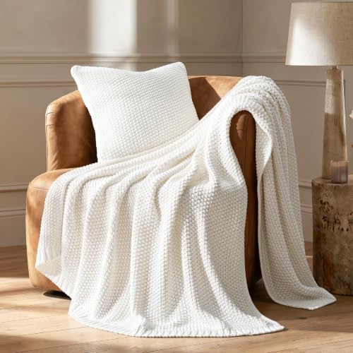 EverGrace Organic Cotton Chunky Knit Throw Blanket, 50 x 60 Bright White